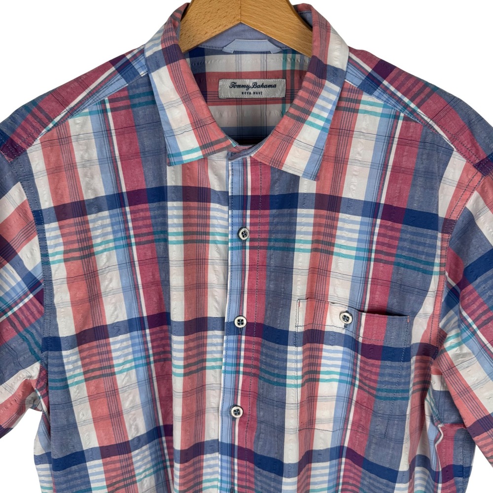 Tommy Bahama Nova Wave Plaid Seersucke Short Sleeve Shirt Mens L Button Down